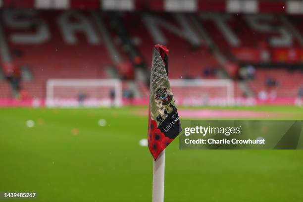 Detailed view of a poppy corner flag in honour of Armistice Day prior to the Premier League match between Southampton FC and Newcastle United at...