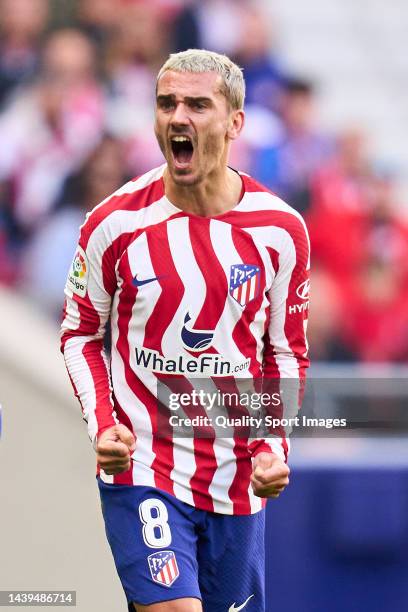 Antoine Griezmann of Atletico de Madrid reacts during the LaLiga Santander match between Atletico de Madrid and RCD Espanyol at Civitas Metropolitano...