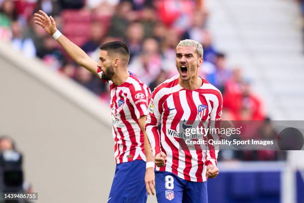 Antoine Griezmann of Atletico de Madrid reacts during the LaLiga Santander match between Atletico de Madrid and RCD Espanyol at Civitas Metropolitano...