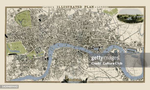 Map of London in 1846 by AH Payne, with vignette illustrations of the Palace of Westminster and the view of London from Parliament Hill on Hampstead...