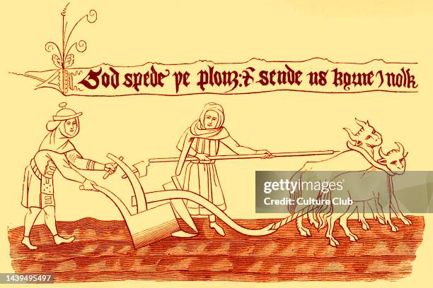 Medieval ploughmen ploughing with oxen. Facsimile of a miniature in an ancient Anglo-Saxon manuscript published by Shaw, legend reads: 'God Spede ye...