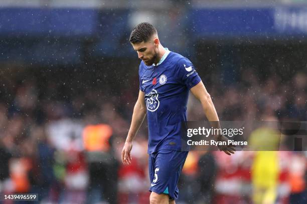 Jorginho of Chelsea looks dejected following their side's defeat in the Premier League match between Chelsea FC and Arsenal FC at Stamford Bridge on...