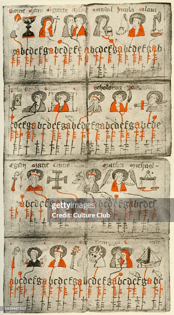 Runic Phase 13th century German farming calendar, with runic symbols on parchment ...