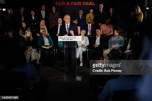 Leader of the Liberal Democrats, Sir Ed Davey, delivers his Autumn Speech to a crowd of supporters on November 06, 2022 in London, England.