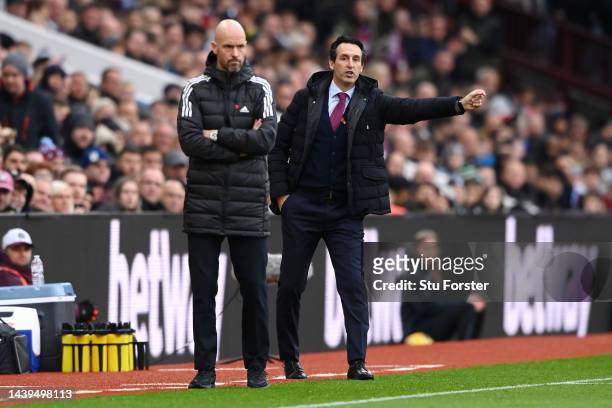 Unai Emery, Manager of Aston Villa gives their team instructions during the Premier League match between Aston Villa and Manchester United at Villa...