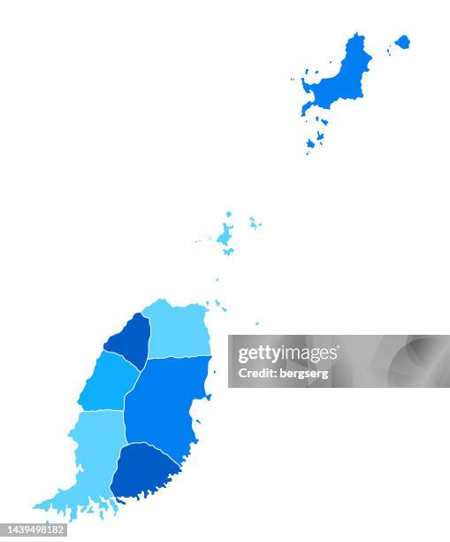 grenada hochdetaillierte blaue karte mit regionen - map of grenada stock-grafiken, -clipart, -cartoons und -symbole