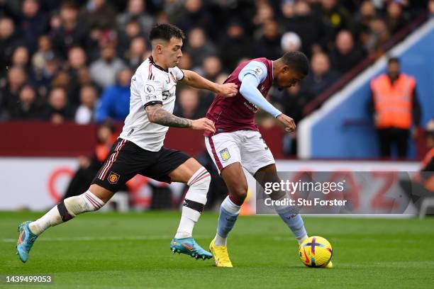 Leon Bailey of Aston Villa scores their team's first goal during the Premier League match between Aston Villa and Manchester United at Villa Park on...