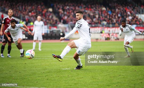Cristiano Piccini of FC Magdeburg scores a penalty goal during the Second Bundesliga match between 1. FC Nürnberg and 1. FC Magdeburg at...