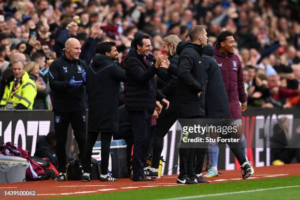 Unai Emery, Manager of Aston Villa celebrates after their sides second goal during the Premier League match between Aston Villa and Manchester United...