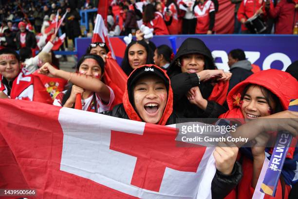 Fans of Tonga looks on ahead of the Rugby League World Cup Quarter Final match between Tonga and Samoa at The Halliwell Jones Stadium on November 06,...