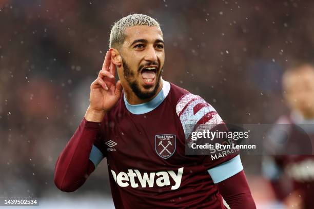 Said Benrahma of West Ham United celebrates after scoring their team's first goal during the Premier League match between West Ham United and Crystal...