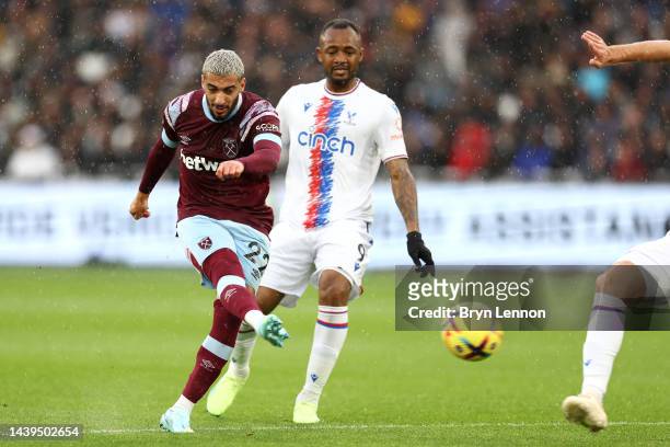 Said Benrahma of West Ham United scores their team's first goal during the Premier League match between West Ham United and Crystal Palace at London...
