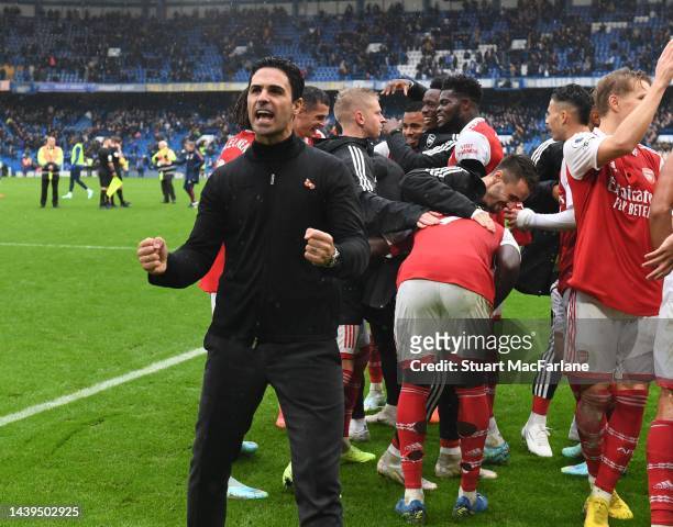 Arsenal manager Mikel Arteta celebrates after the Premier League match between Chelsea FC and Arsenal FC at Stamford Bridge on November 06, 2022 in...