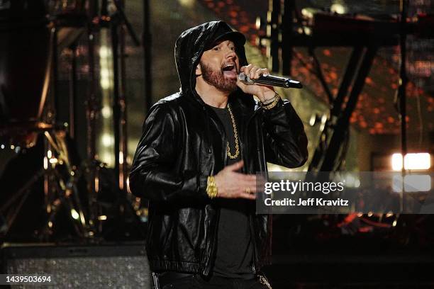 Inductee Eminem performs on stage during the 37th Annual Rock & Roll Hall Of Fame Induction Ceremony at Microsoft Theater on November 05, 2022 in Los...