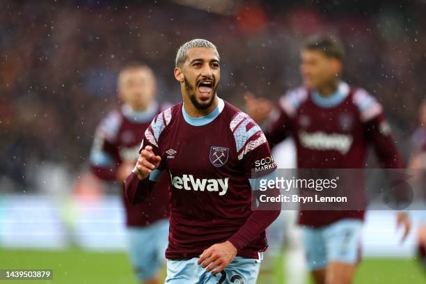 Said Benrahma of West Ham United celebrates after scoring their team's first goal during the Premier League match between West Ham United and Crystal...