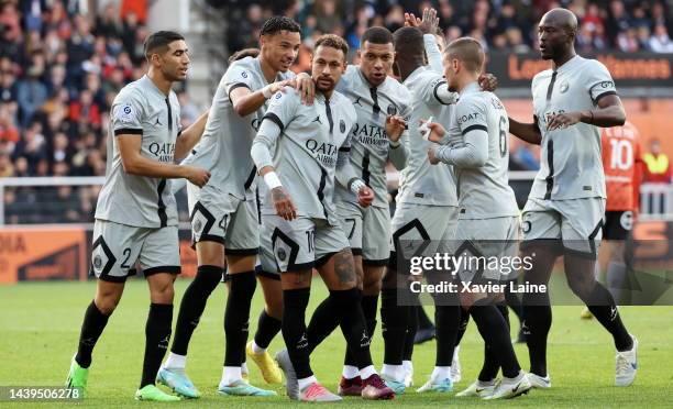 Neymar Jr of Paris Saint-Germain celebrate his first goal with Kylian Mbappe, Hugo Ekitike and teammates during the Ligue 1 match between FC Lorient...