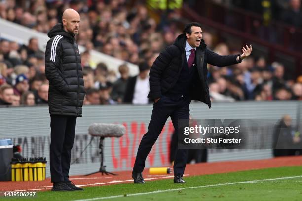 Unai Emery, Manager of Aston Villa gives their team instructions during the Premier League match between Aston Villa and Manchester United at Villa...