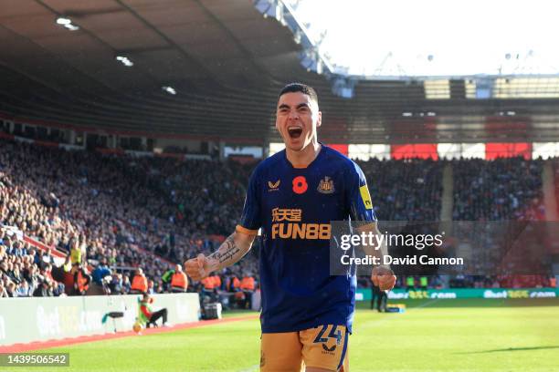 Miguel Almiron of Newcastle United celebrates after scoring their team's first goal during the Premier League match between Southampton FC and...