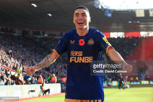 Miguel Almiron of Newcastle United celebrates after scoring their team's first goal during the Premier League match between Southampton FC and...