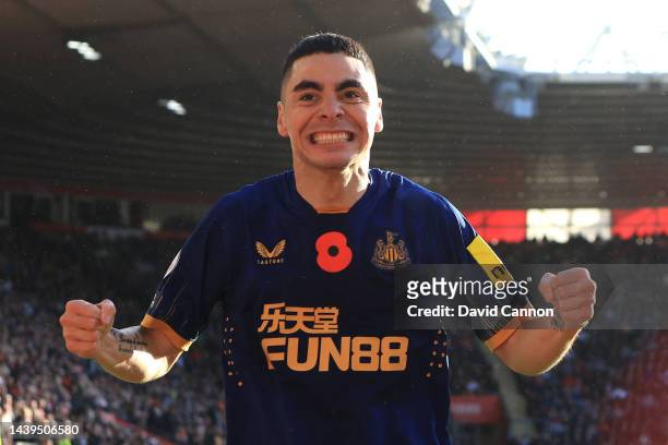 Miguel Almiron of Newcastle United celebrates after scoring their team's first goal during the Premier League match between Southampton FC and...