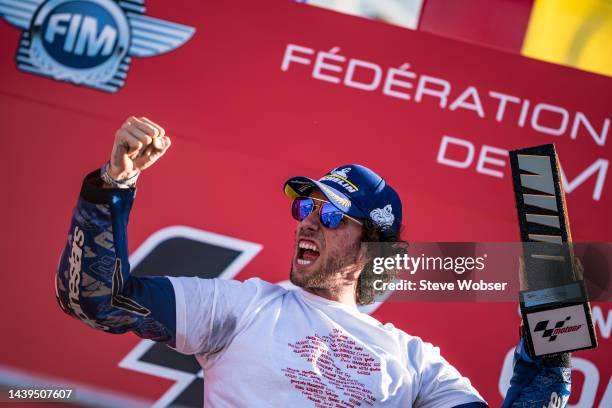 MotoGP race winner Alex Rins of Spain and Team SUZUKI ECSTAR celebrates his race win and wins the last race for Suzuki during the race of the MotoGP...