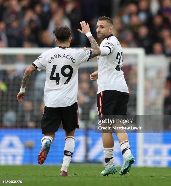 Luke Shaw of Manchester United celebrates scoring their first goal during the Premier League match between Aston Villa and Manchester United at Villa...