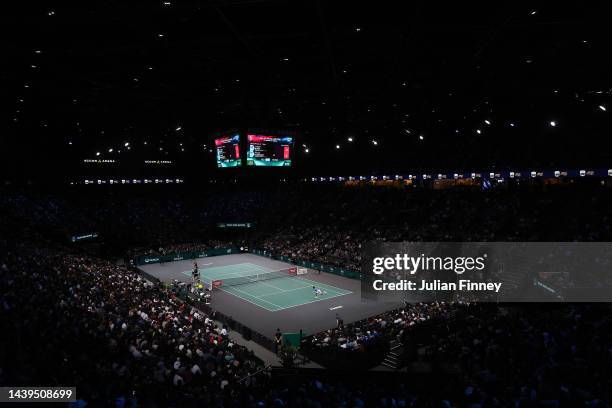 General view of Holger Rune or Denmark playing against Novak Djokovic of Serbia in the final during Day Seven of the Rolex Paris Masters tennis at...