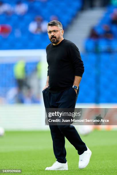 Head coach Gennaro Gattuso of Valencia CF looks on prior to the LaLiga Santander match between Real Sociedad and Valencia CF at Reale Arena on...