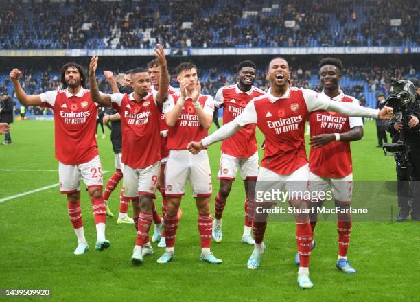 The Arsenal players celebrates after the Premier League match between Chelsea FC and Arsenal FC at Stamford Bridge on November 06, 2022 in London,...