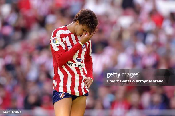 Joao Felix of Atletico de Madrid reacts during the LaLiga Santander match between Atletico de Madrid and RCD Espanyol at Civitas Metropolitano...