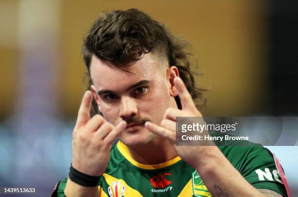 Bayley McKenna of Australia reacts during the Wheelchair Rugby League World Cup Group A match between Australia and Ireland at Copper Box Arena on...