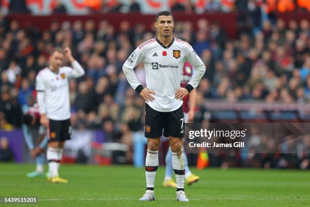 Cristiano Ronaldo of Manchester United reacts during the Premier League match between Aston Villa and Manchester United at Villa Park on November 06,...