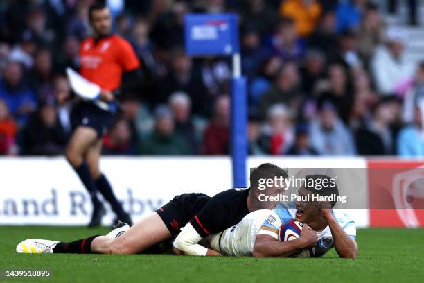 Santiago Carreras of Argentina celebrates scoring their side's second try during the Autumn International match between England and Argentina at...