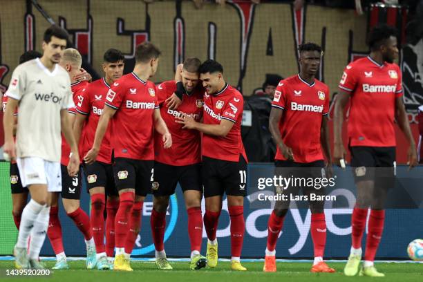 Robert Andrich of Bayer 04 Leverkusen celebrates scoring their side's first goal during the Bundesliga match between Bayer 04 Leverkusen and 1. FC...