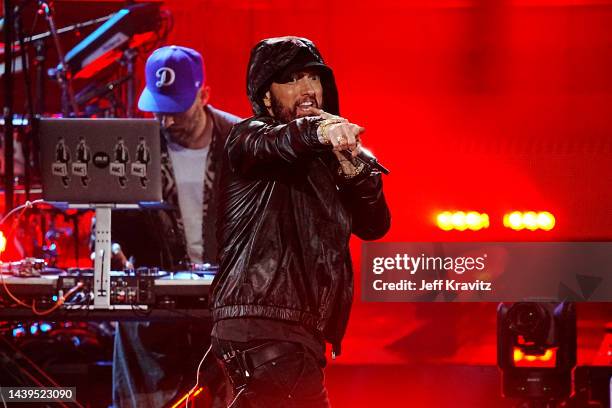 Inductee Eminem performs on stage during the 37th Annual Rock & Roll Hall Of Fame Induction Ceremony at Microsoft Theater on November 05, 2022 in Los...