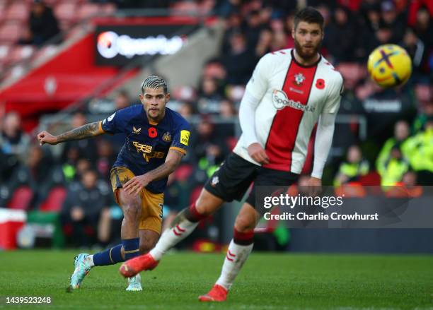 Bruno Guimaraes of Newcastle United scores their team's fourth goal during the Premier League match between Southampton FC and Newcastle United at...