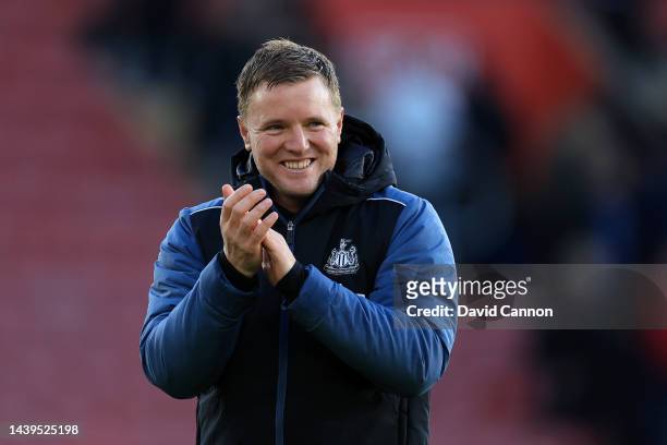 Eddie Howe, Manager of Newcastle United applauds the fans after their sides victory during the Premier League match between Southampton FC and...