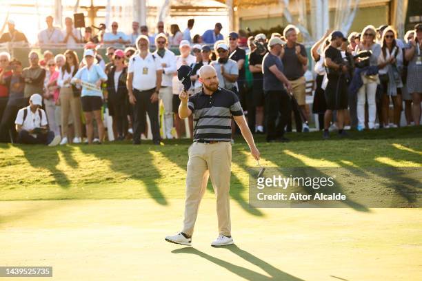 Nathan Kimsey of England waves to the fans after finishing his round and win on 18th hole on Day Four of the Rolex Challenge Tour Grand Final...