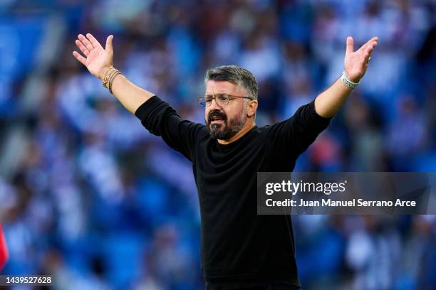 Head coach Gennaro Gattuso of Valencia CF reacts during the LaLiga Santander match between Real Sociedad and Valencia CF at Reale Arena on November...