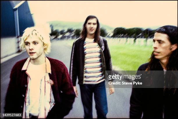 American rock group Nirvana, Belfast, 1992. Left to right: guitarist/singer Kurt Cobain bassist Krist Novoselic, and drummer Dave Grohl.