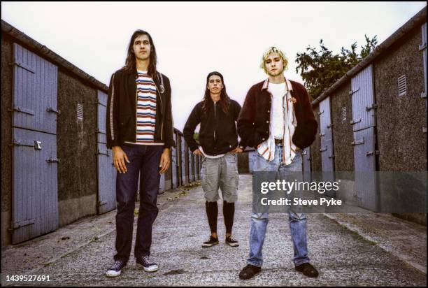 American rock group Nirvana, Belfast, 1992. Left to right: bassist Krist Novoselic, drummer Dave Grohl and guitarist/singer Kurt Cobain .