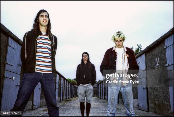 American rock group Nirvana, Belfast, 1992. Left to right: bassist Krist Novoselic, drummer Dave Grohl and guitarist/singer Kurt Cobain .