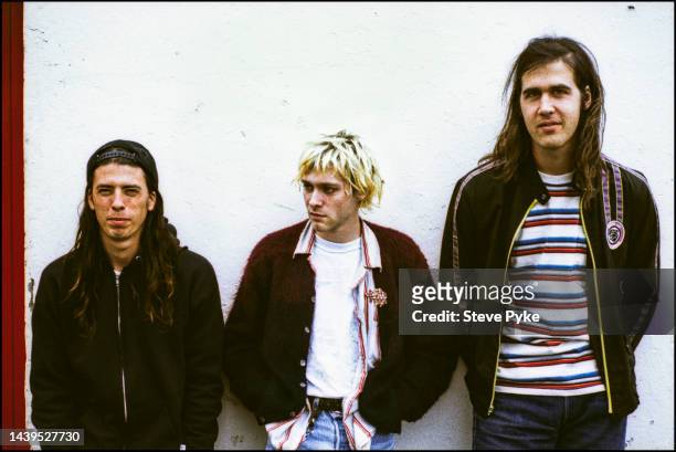 American rock group Nirvana, Belfast, 1992. Left to right: drummer Dave Grohl, guitarist/singer Kurt Cobain and bassist Krist Novoselic.