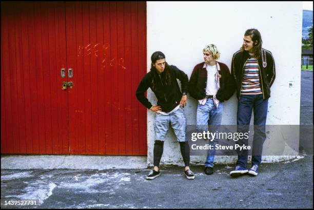 American rock group Nirvana, Belfast, 1992. Left to right: drummer Dave Grohl and guitarist/singer Kurt Cobain bassist Krist Novoselic,.