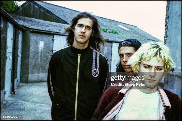 American rock group Nirvana, Belfast, 1992. Left to right: bassist Krist Novoselic, drummer Dave Grohl and guitarist/singer Kurt Cobain .