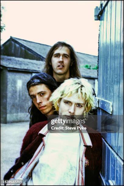 American rock group Nirvana, Belfast, 1992. Left to right: bassist Krist Novoselic, drummer Dave Grohl and guitarist/singer Kurt Cobain .