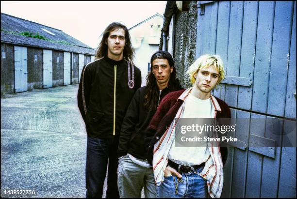 American rock group Nirvana, Belfast, 1992. Left to right: bassist Krist Novoselic, drummer Dave Grohl and guitarist/singer Kurt Cobain .