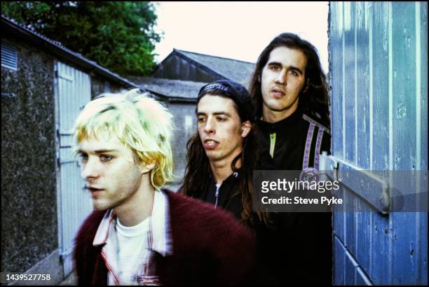 American rock group Nirvana, Belfast, 1992. Left to right: guitarist/singer Kurt Cobain drummer Dave Grohl and bassist Krist Novoselic,.