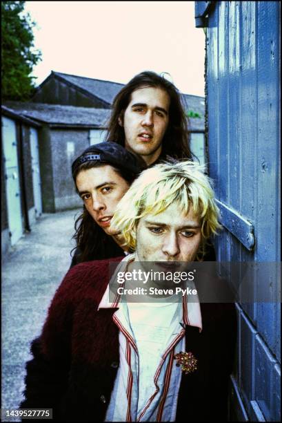 American rock group Nirvana, Belfast, 1992. Left to right: drummer Dave Grohl guitarist/singer Kurt Cobain and bassist Krist Novoselic,.