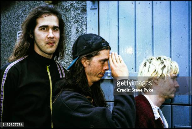 American rock group Nirvana, Belfast, 1992. Left to right: bassist Krist Novoselic, drummer Dave Grohl and guitarist/singer Kurt Cobain .